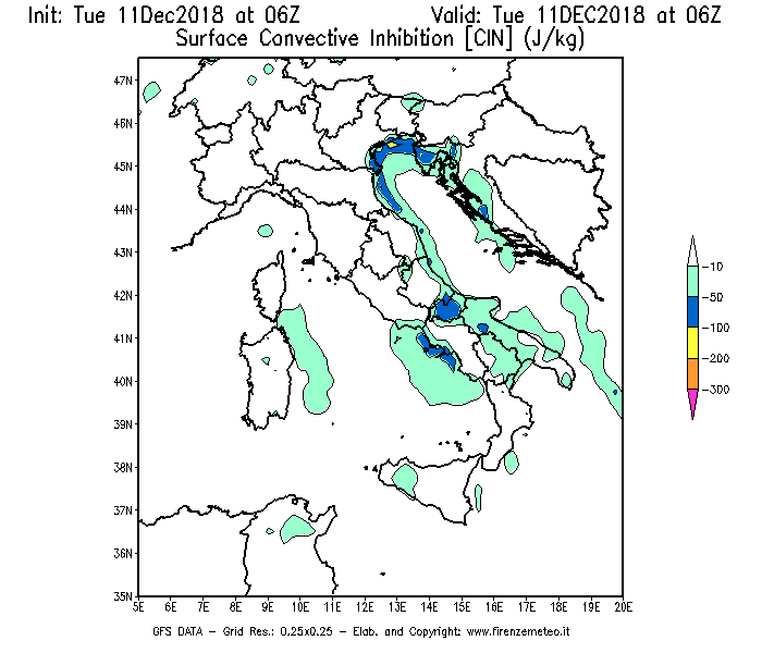 Mappa di analisi GFS - CIN [J/kg] in Italia
							del 11/12/2018 06 <!--googleoff: index-->UTC<!--googleon: index-->