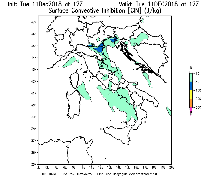 Mappa di analisi GFS - CIN [J/kg] in Italia
							del 11/12/2018 12 <!--googleoff: index-->UTC<!--googleon: index-->