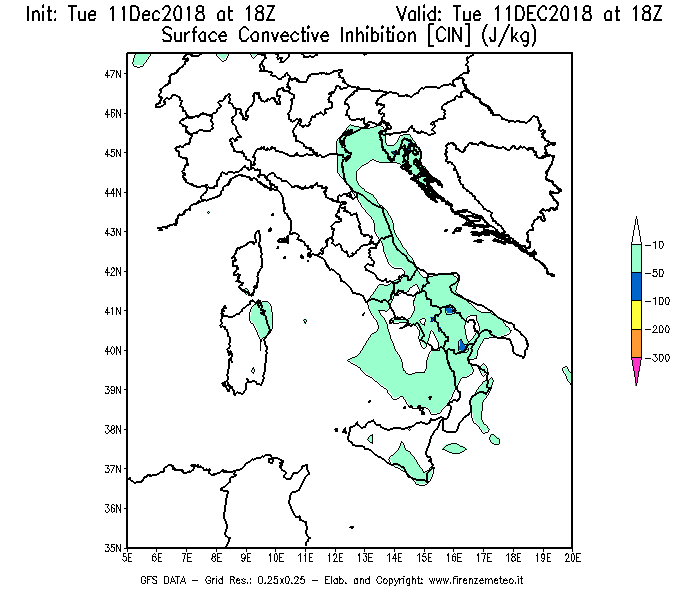Mappa di analisi GFS - CIN [J/kg] in Italia
							del 11/12/2018 18 <!--googleoff: index-->UTC<!--googleon: index-->
