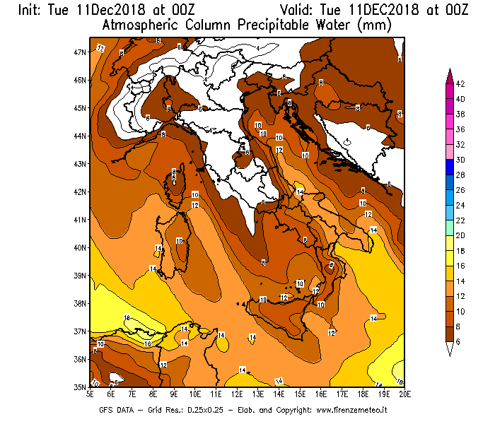 Mappa di analisi GFS - Precipitable Water [mm] in Italia
									del 11/12/2018 00 <!--googleoff: index-->UTC<!--googleon: index-->