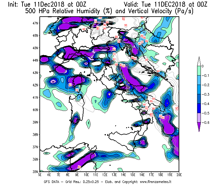Mappa di analisi GFS - Umidità relativa [%] e Omega [Pa/s] a 500 hPa in Italia
									del 11/12/2018 00 <!--googleoff: index-->UTC<!--googleon: index-->