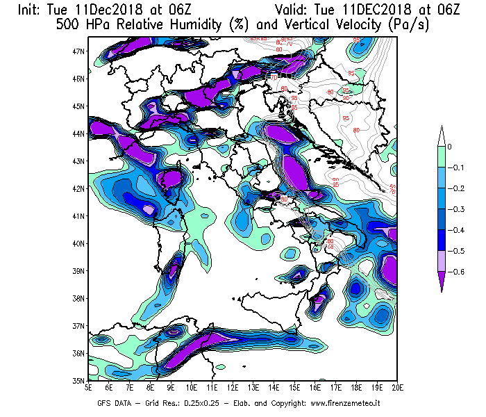 Mappa di analisi GFS - Umidità relativa [%] e Omega [Pa/s] a 500 hPa in Italia
							del 11/12/2018 06 <!--googleoff: index-->UTC<!--googleon: index-->
