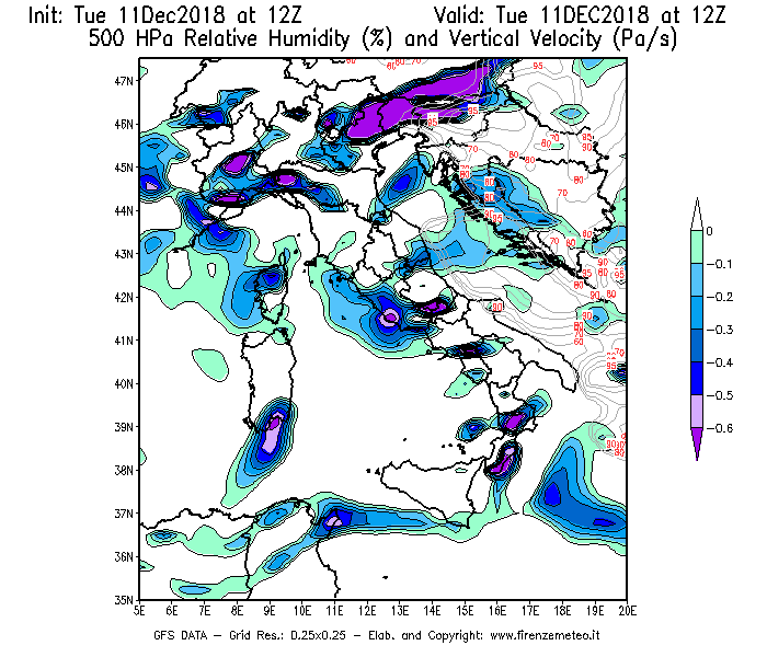 Mappa di analisi GFS - Umidità relativa [%] e Omega [Pa/s] a 500 hPa in Italia
							del 11/12/2018 12 <!--googleoff: index-->UTC<!--googleon: index-->