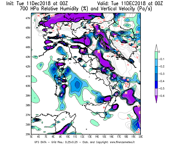 Mappa di analisi GFS - Umidità relativa [%] e Omega [Pa/s] a 700 hPa in Italia
							del 11/12/2018 00 <!--googleoff: index-->UTC<!--googleon: index-->