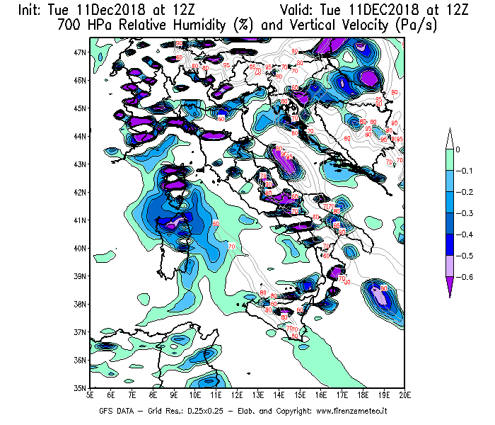 Mappa di analisi GFS - Umidità relativa [%] e Omega [Pa/s] a 700 hPa in Italia
									del 11/12/2018 12 <!--googleoff: index-->UTC<!--googleon: index-->