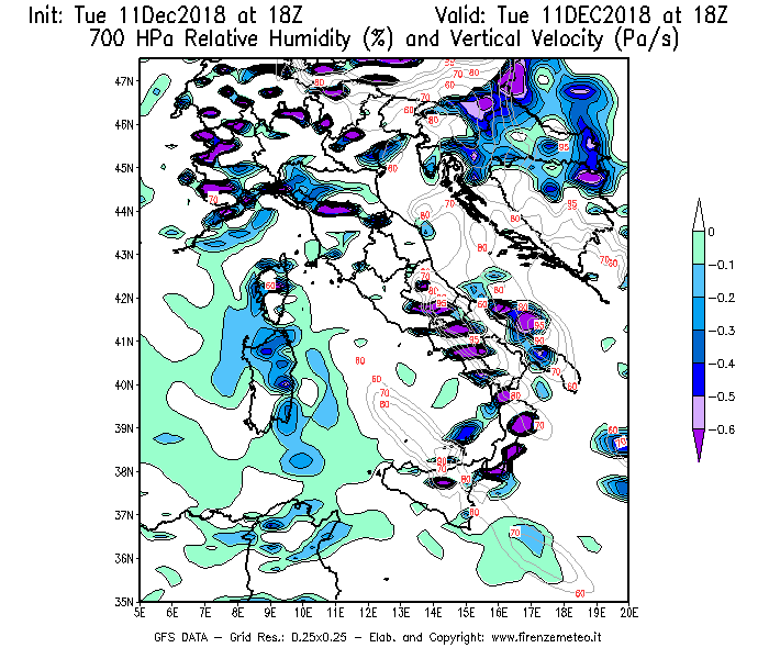 Mappa di analisi GFS - Umidità relativa [%] e Omega [Pa/s] a 700 hPa in Italia
									del 11/12/2018 18 <!--googleoff: index-->UTC<!--googleon: index-->