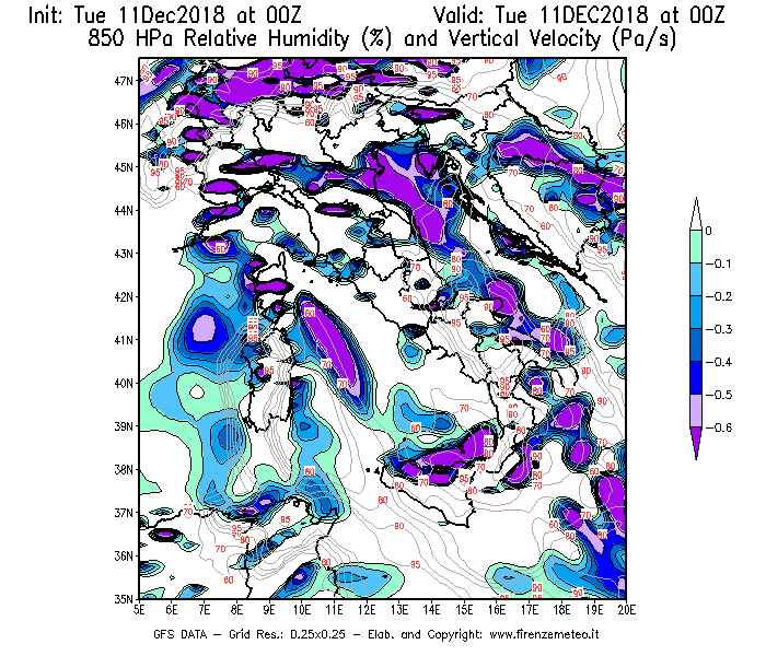 Mappa di analisi GFS - Umidità relativa [%] e Omega [Pa/s] a 850 hPa in Italia
									del 11/12/2018 00 <!--googleoff: index-->UTC<!--googleon: index-->