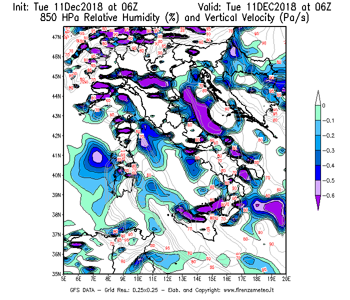 Mappa di analisi GFS - Umidità relativa [%] e Omega [Pa/s] a 850 hPa in Italia
									del 11/12/2018 06 <!--googleoff: index-->UTC<!--googleon: index-->