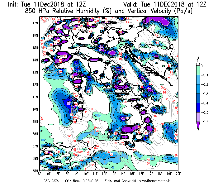 Mappa di analisi GFS - Umidità relativa [%] e Omega [Pa/s] a 850 hPa in Italia
									del 11/12/2018 12 <!--googleoff: index-->UTC<!--googleon: index-->