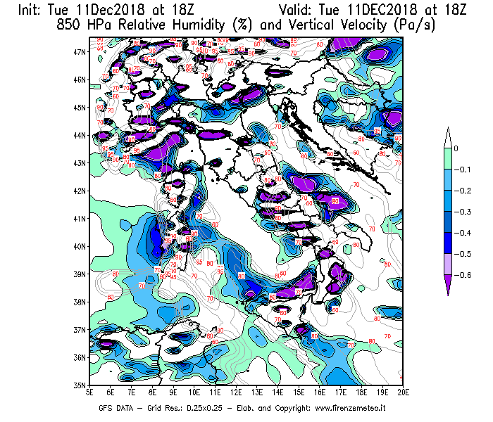 Mappa di analisi GFS - Umidità relativa [%] e Omega [Pa/s] a 850 hPa in Italia
							del 11/12/2018 18 <!--googleoff: index-->UTC<!--googleon: index-->