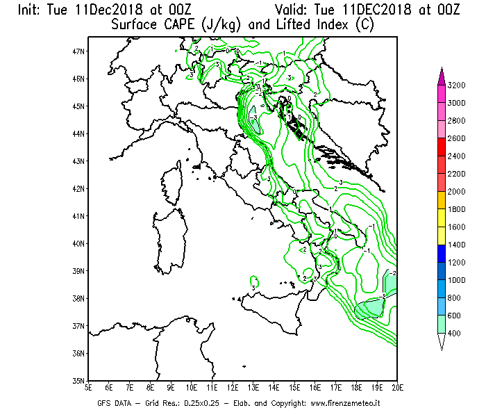 Mappa di analisi GFS - CAPE [J/kg] e Lifted Index [°C] in Italia
									del 11/12/2018 00 <!--googleoff: index-->UTC<!--googleon: index-->
