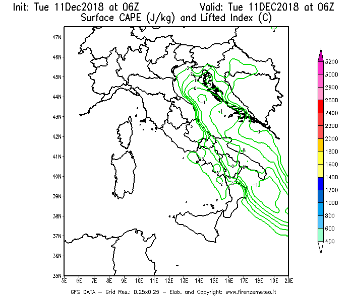 Mappa di analisi GFS - CAPE [J/kg] e Lifted Index [°C] in Italia
									del 11/12/2018 06 <!--googleoff: index-->UTC<!--googleon: index-->