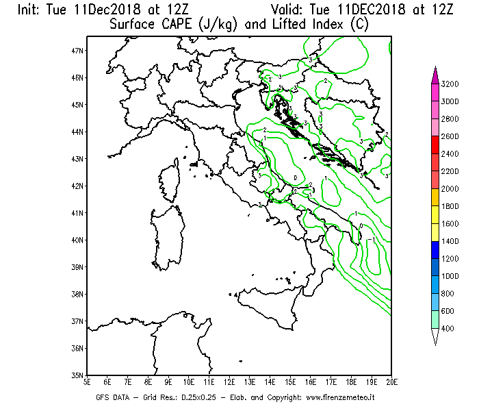 Mappa di analisi GFS - CAPE [J/kg] e Lifted Index [°C] in Italia
							del 11/12/2018 12 <!--googleoff: index-->UTC<!--googleon: index-->