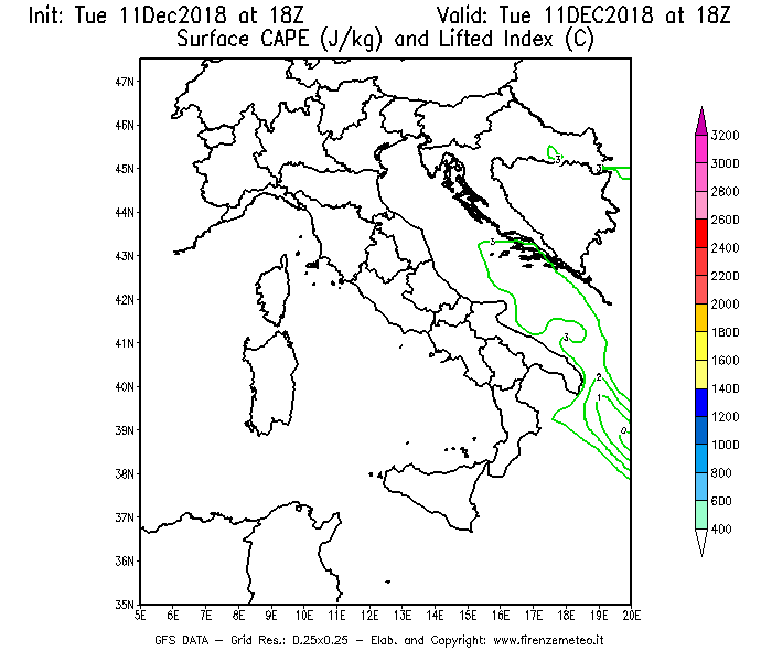 Mappa di analisi GFS - CAPE [J/kg] e Lifted Index [°C] in Italia
									del 11/12/2018 18 <!--googleoff: index-->UTC<!--googleon: index-->