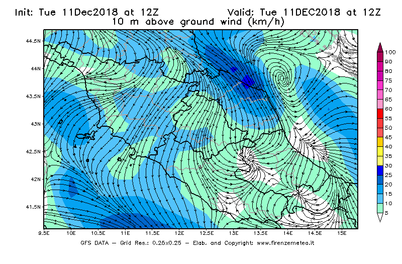 Mappa di analisi GFS - Velocità del vento a 10 metri dal suolo [km/h] in Centro-Italia
							del 11/12/2018 12 <!--googleoff: index-->UTC<!--googleon: index-->
