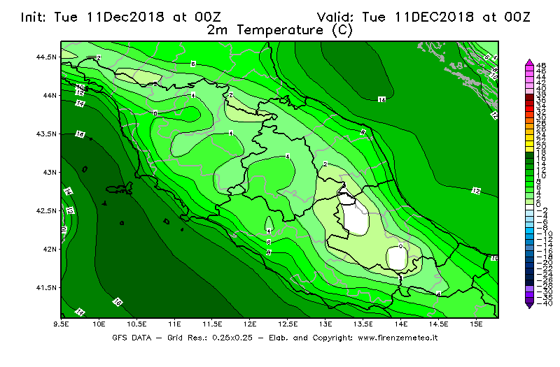 Mappa di analisi GFS - Temperatura a 2 metri dal suolo [°C] in Centro-Italia
							del 11/12/2018 00 <!--googleoff: index-->UTC<!--googleon: index-->