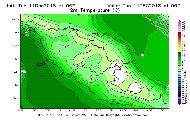 Mappa di analisi GFS - Temperatura a 2 metri dal suolo [°C] in Centro-Italia
							del 11/12/2018 06 <!--googleoff: index-->UTC<!--googleon: index-->