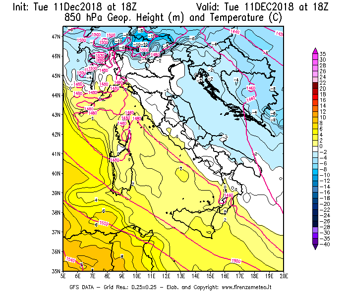 Mappa di analisi GFS - Geopotenziale [m] e Temperatura [°C] a 850 hPa in Italia
									del 11/12/2018 18 <!--googleoff: index-->UTC<!--googleon: index-->