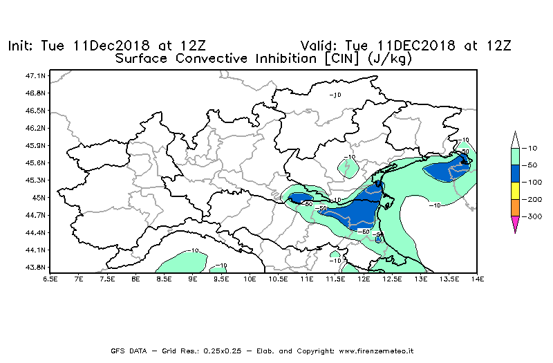 Mappa di analisi GFS - CIN [J/kg] in Nord-Italia
									del 11/12/2018 12 <!--googleoff: index-->UTC<!--googleon: index-->