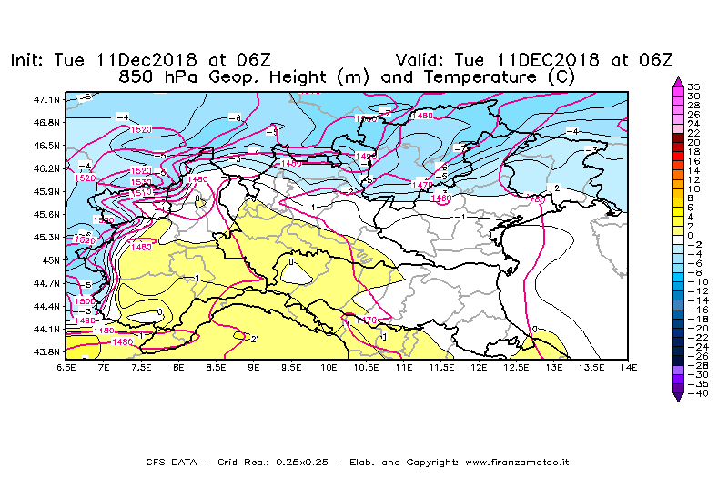 Mappa di analisi GFS - Geopotenziale [m] e Temperatura [°C] a 850 hPa in Nord-Italia
									del 11/12/2018 06 <!--googleoff: index-->UTC<!--googleon: index-->