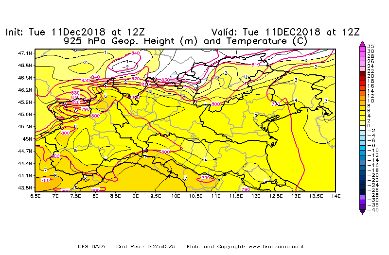 Mappa di analisi GFS - Geopotenziale [m] e Temperatura [°C] a 925 hPa in Nord-Italia
									del 11/12/2018 12 <!--googleoff: index-->UTC<!--googleon: index-->