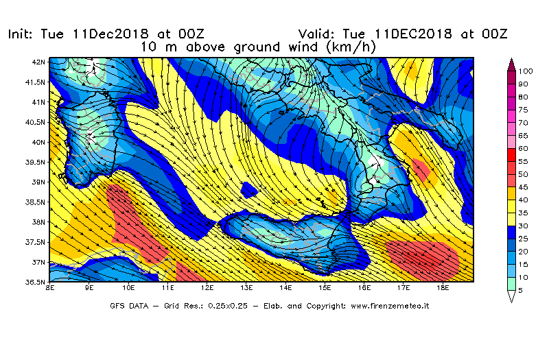 Mappa di analisi GFS - Velocità del vento a 10 metri dal suolo [km/h] in Sud-Italia
							del 11/12/2018 00 <!--googleoff: index-->UTC<!--googleon: index-->