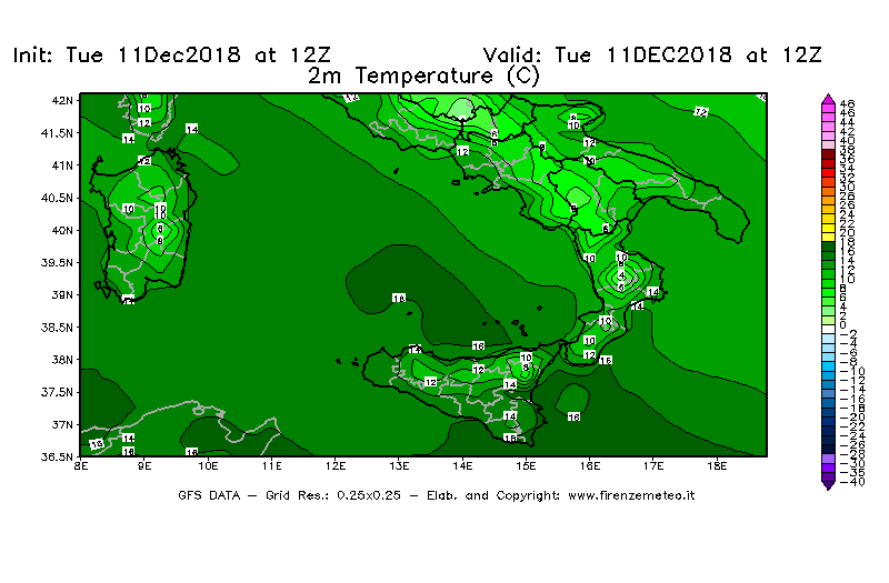 Mappa di analisi GFS - Temperatura a 2 metri dal suolo [°C] in Sud-Italia
									del 11/12/2018 12 <!--googleoff: index-->UTC<!--googleon: index-->