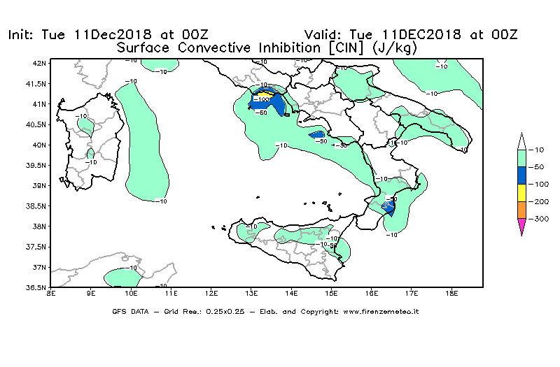 Mappa di analisi GFS - CIN [J/kg] in Sud-Italia
							del 11/12/2018 00 <!--googleoff: index-->UTC<!--googleon: index-->