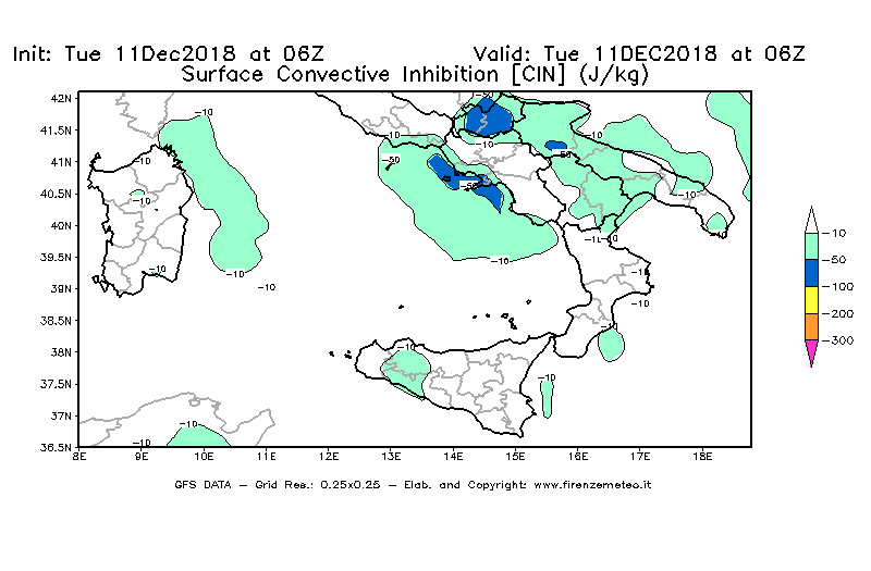 Mappa di analisi GFS - CIN [J/kg] in Sud-Italia
							del 11/12/2018 06 <!--googleoff: index-->UTC<!--googleon: index-->