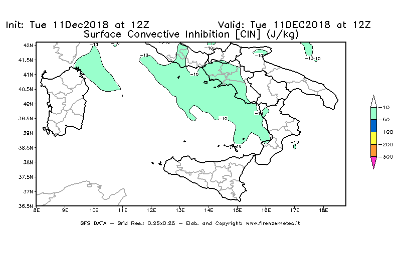 Mappa di analisi GFS - CIN [J/kg] in Sud-Italia
									del 11/12/2018 12 <!--googleoff: index-->UTC<!--googleon: index-->