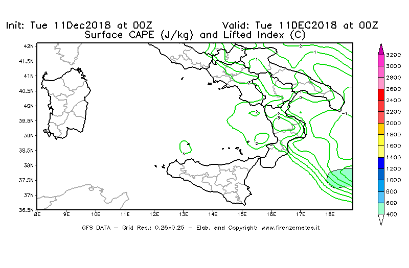 Mappa di analisi GFS - CAPE [J/kg] e Lifted Index [°C] in Sud-Italia
							del 11/12/2018 00 <!--googleoff: index-->UTC<!--googleon: index-->