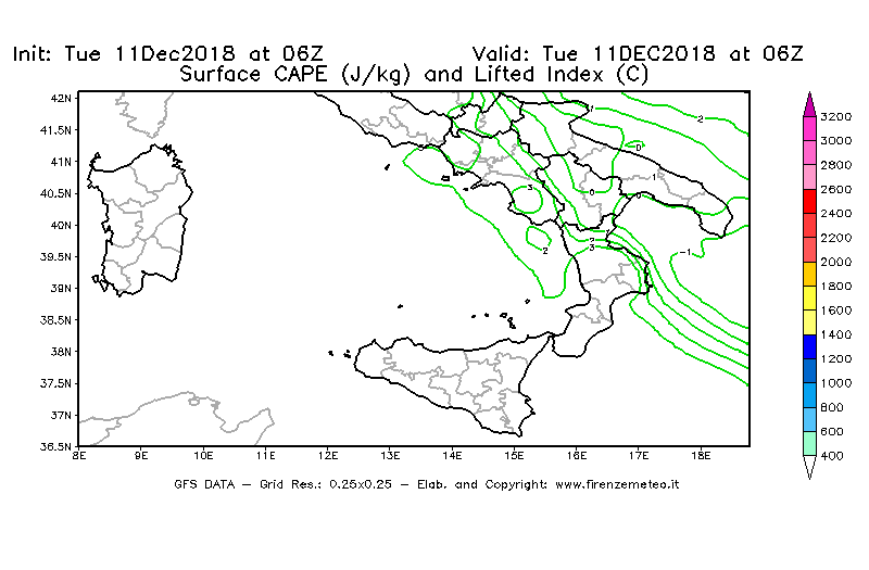 Mappa di analisi GFS - CAPE [J/kg] e Lifted Index [°C] in Sud-Italia
							del 11/12/2018 06 <!--googleoff: index-->UTC<!--googleon: index-->