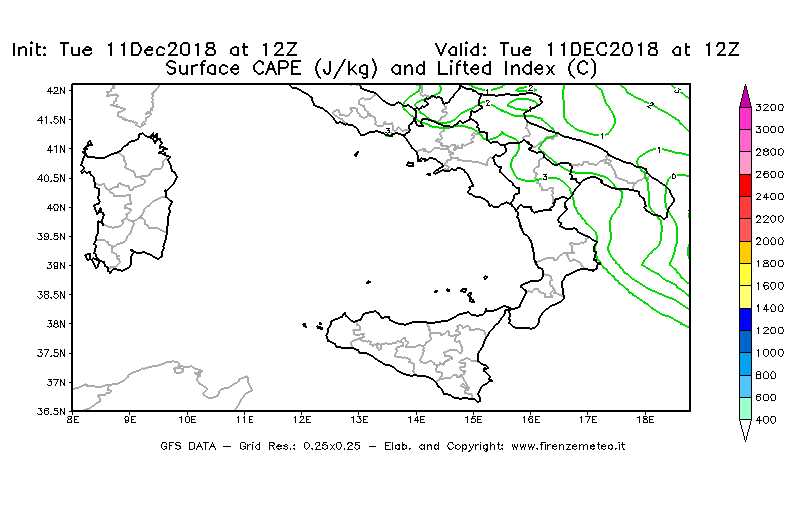 Mappa di analisi GFS - CAPE [J/kg] e Lifted Index [°C] in Sud-Italia
									del 11/12/2018 12 <!--googleoff: index-->UTC<!--googleon: index-->