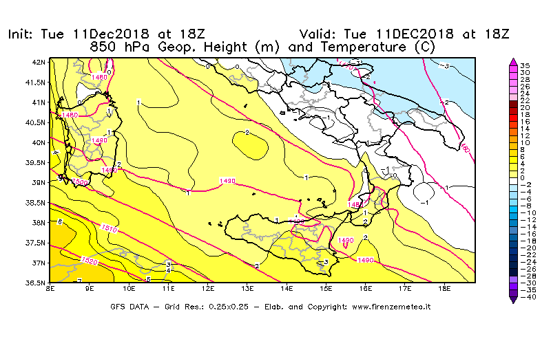 Mappa di analisi GFS - Geopotenziale [m] e Temperatura [°C] a 850 hPa in Sud-Italia
									del 11/12/2018 18 <!--googleoff: index-->UTC<!--googleon: index-->