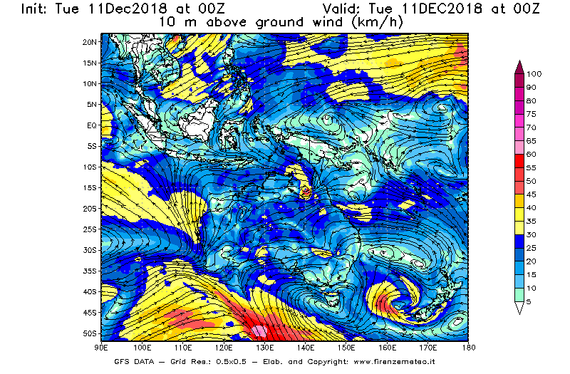Mappa di analisi GFS - Velocità del vento a 10 metri dal suolo [km/h] in Oceania
									del 11/12/2018 00 <!--googleoff: index-->UTC<!--googleon: index-->