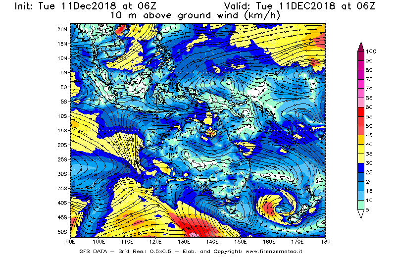 Mappa di analisi GFS - Velocità del vento a 10 metri dal suolo [km/h] in Oceania
							del 11/12/2018 06 <!--googleoff: index-->UTC<!--googleon: index-->