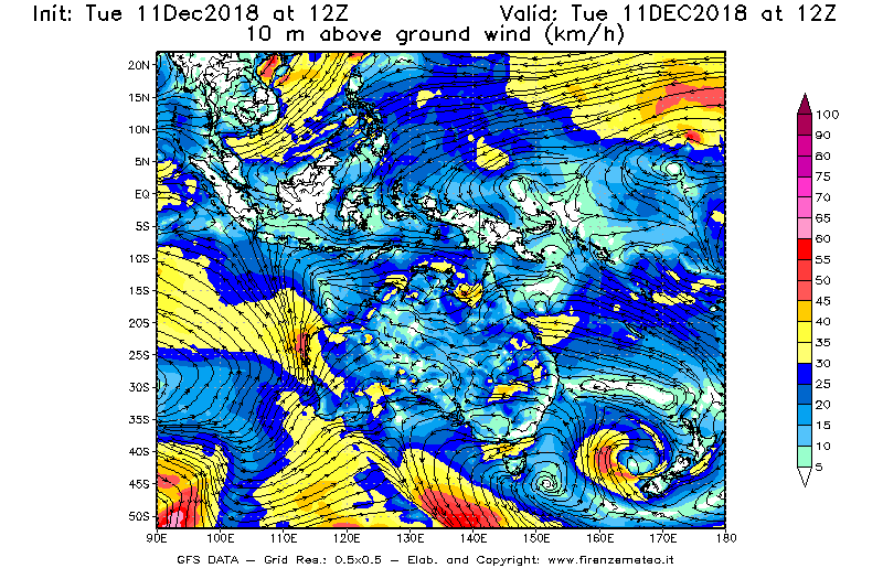 Mappa di analisi GFS - Velocità del vento a 10 metri dal suolo [km/h] in Oceania
									del 11/12/2018 12 <!--googleoff: index-->UTC<!--googleon: index-->
