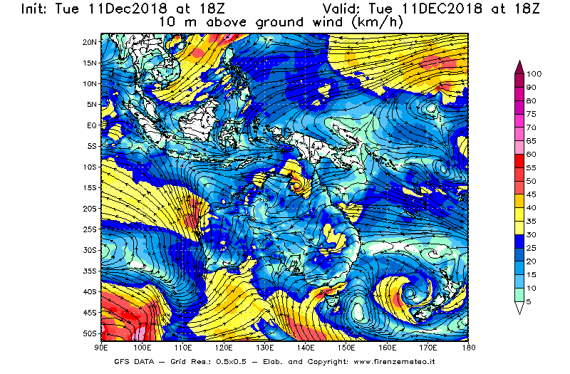 Mappa di analisi GFS - Velocità del vento a 10 metri dal suolo [km/h] in Oceania
									del 11/12/2018 18 <!--googleoff: index-->UTC<!--googleon: index-->