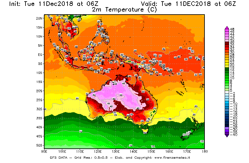 Mappa di analisi GFS - Temperatura a 2 metri dal suolo [°C] in Oceania
									del 11/12/2018 06 <!--googleoff: index-->UTC<!--googleon: index-->