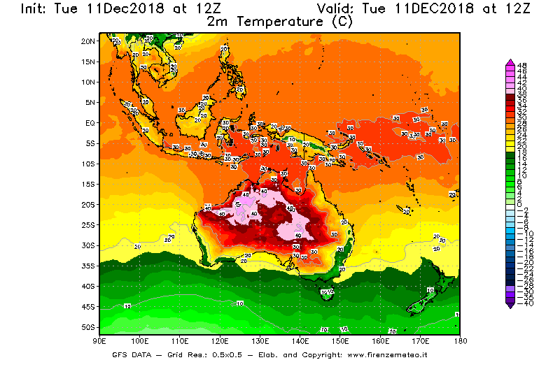Mappa di analisi GFS - Temperatura a 2 metri dal suolo [°C] in Oceania
									del 11/12/2018 12 <!--googleoff: index-->UTC<!--googleon: index-->