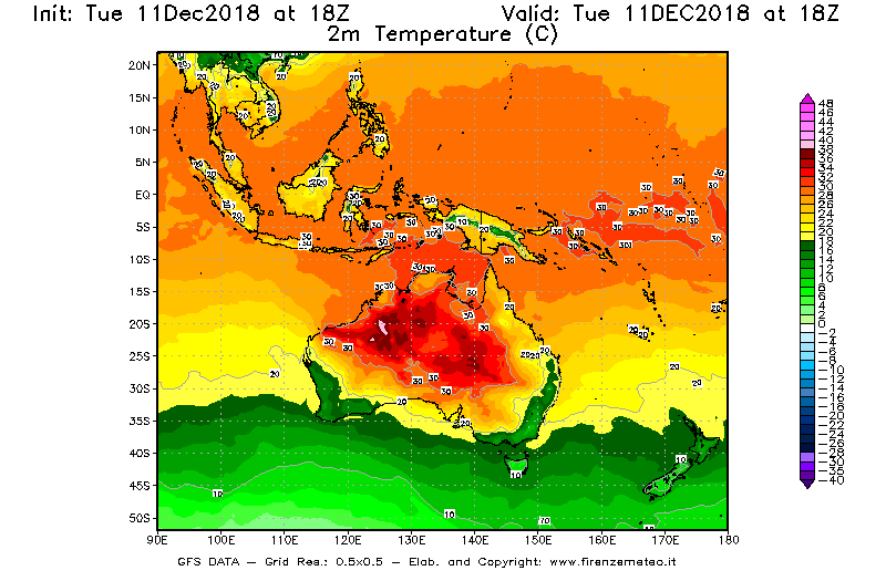 Mappa di analisi GFS - Temperatura a 2 metri dal suolo [°C] in Oceania
							del 11/12/2018 18 <!--googleoff: index-->UTC<!--googleon: index-->