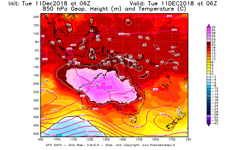 Mappa di analisi GFS - Geopotenziale [m] e Temperatura [°C] a 850 hPa in Oceania
									del 11/12/2018 06 <!--googleoff: index-->UTC<!--googleon: index-->