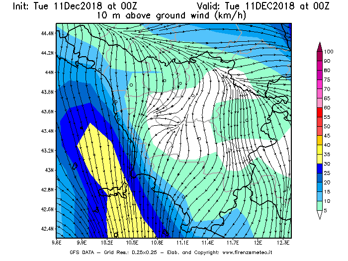Mappa di analisi GFS - Velocità del vento a 10 metri dal suolo [km/h] in Toscana
									del 11/12/2018 00 <!--googleoff: index-->UTC<!--googleon: index-->