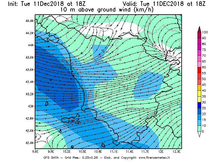 Mappa di analisi GFS - Velocità del vento a 10 metri dal suolo [km/h] in Toscana
									del 11/12/2018 18 <!--googleoff: index-->UTC<!--googleon: index-->