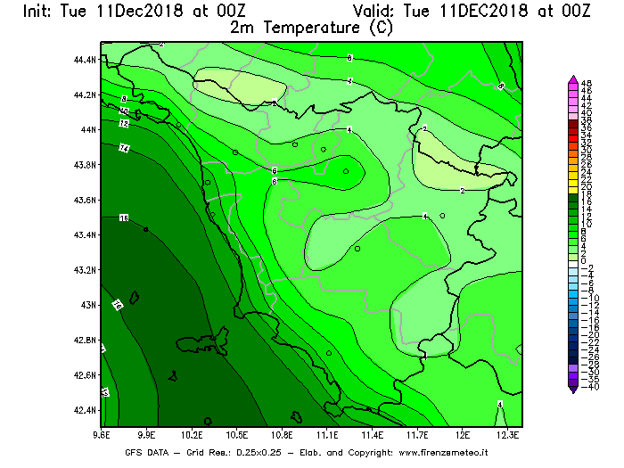 Mappa di analisi GFS - Temperatura a 2 metri dal suolo [°C] in Toscana
							del 11/12/2018 00 <!--googleoff: index-->UTC<!--googleon: index-->
