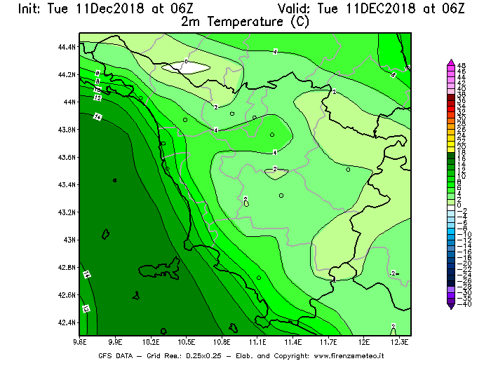 Mappa di analisi GFS - Temperatura a 2 metri dal suolo [°C] in Toscana
									del 11/12/2018 06 <!--googleoff: index-->UTC<!--googleon: index-->