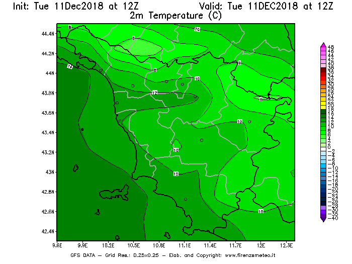 Mappa di analisi GFS - Temperatura a 2 metri dal suolo [°C] in Toscana
									del 11/12/2018 12 <!--googleoff: index-->UTC<!--googleon: index-->