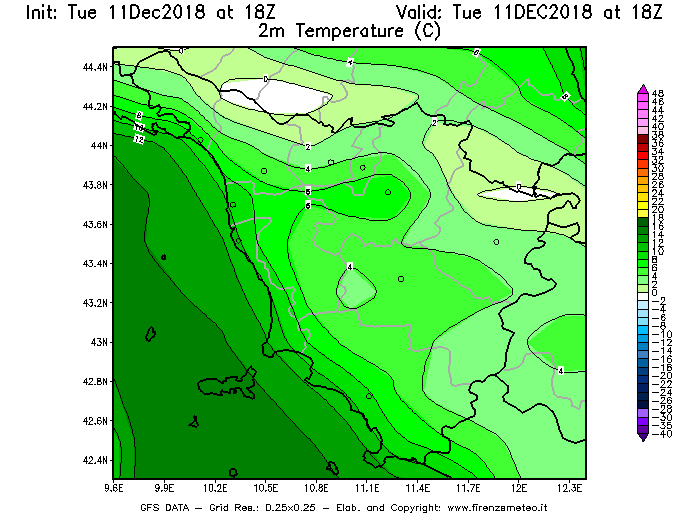 Mappa di analisi GFS - Temperatura a 2 metri dal suolo [°C] in Toscana
							del 11/12/2018 18 <!--googleoff: index-->UTC<!--googleon: index-->