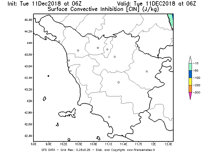 Mappa di analisi GFS - CIN [J/kg] in Toscana
									del 11/12/2018 06 <!--googleoff: index-->UTC<!--googleon: index-->