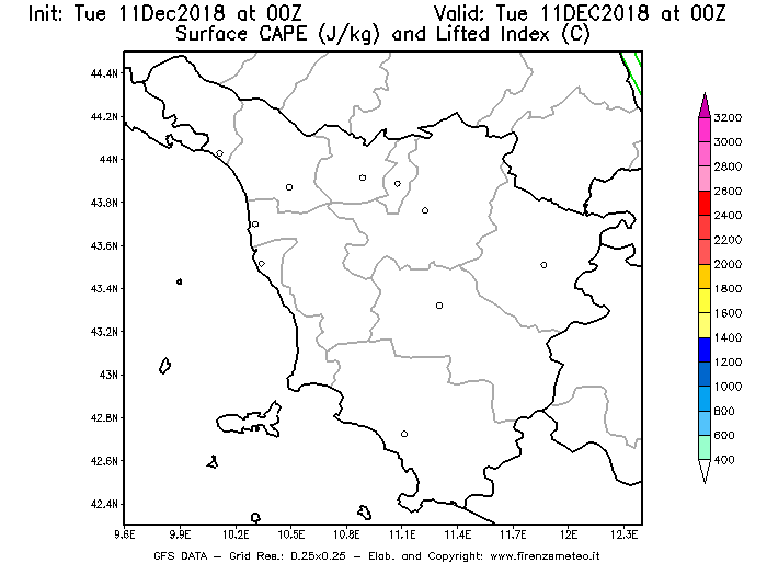 Mappa di analisi GFS - CAPE [J/kg] e Lifted Index [°C] in Toscana
									del 11/12/2018 00 <!--googleoff: index-->UTC<!--googleon: index-->